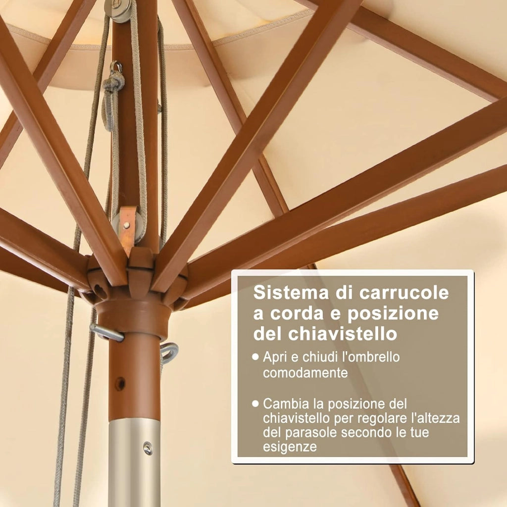 Ombrellone da Giardino, Con Struttura di Legno a Carrucola, Inclinazione Regolabile, Per Giardino,Cortile, Piscina e Bar, Beige (2,7 m)
