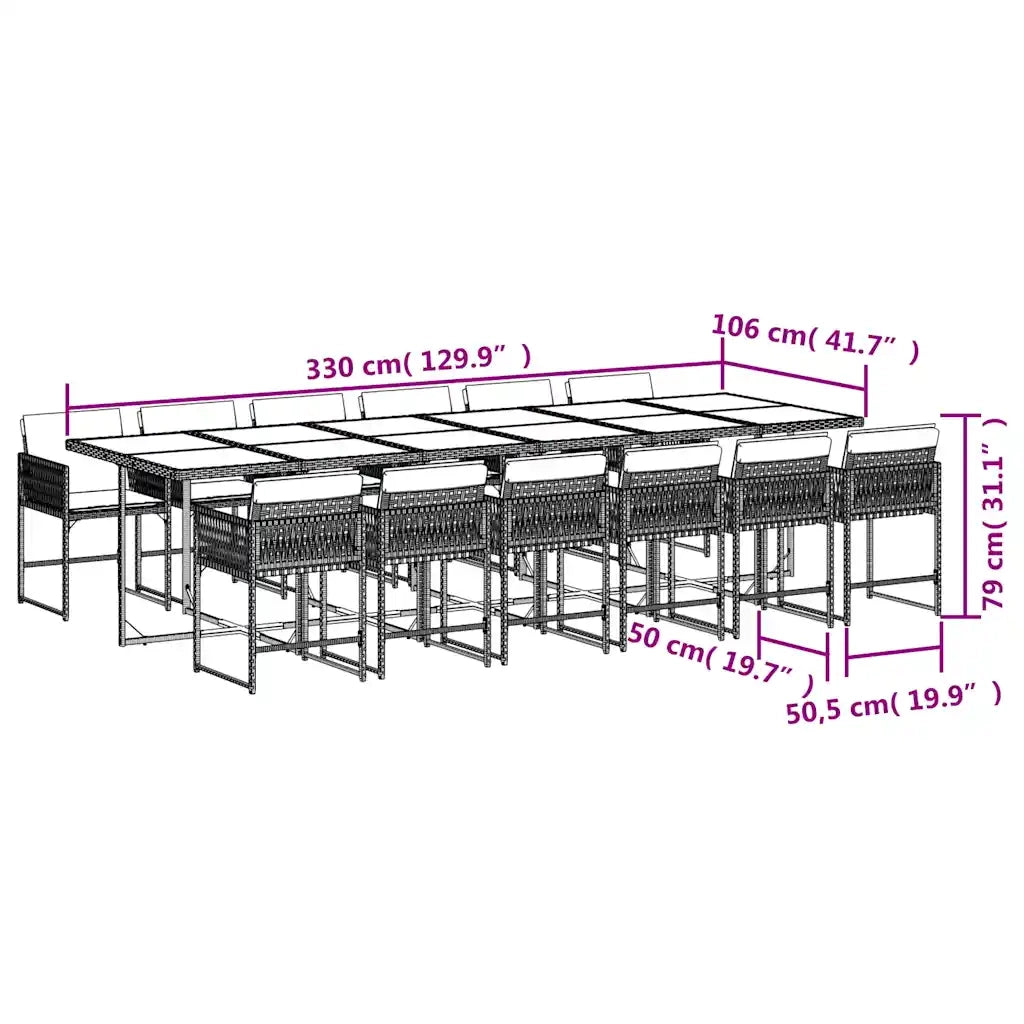 Set da Pranzo da Giardino 13pz con Cuscini Marrone Polyrattan