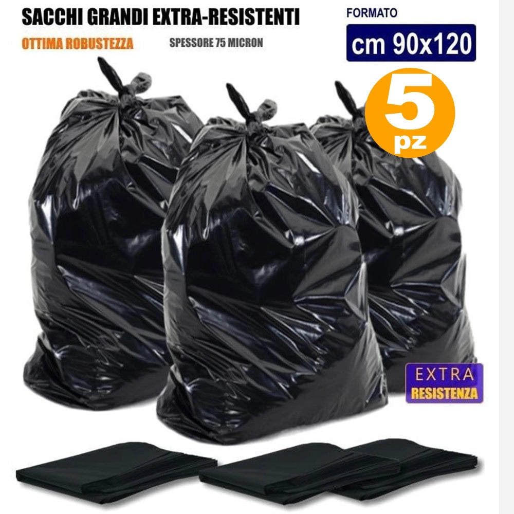 Trade Shop - 5 Sacchi Spazzatura Senza Maniglie Neri 90 X 120 Cm 150 Litri Super Resistenti -