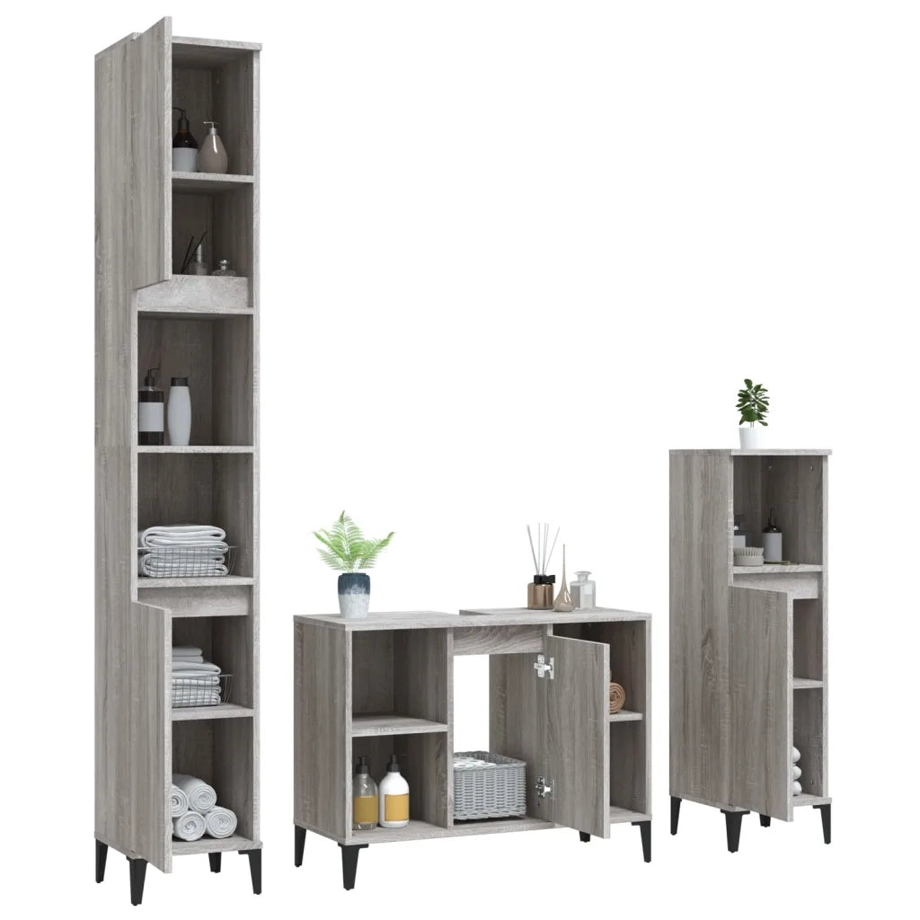 Set Mobili da Bagno | Armadio da bagno 3 pz Grigio Sonoma in Legno Multistrato
