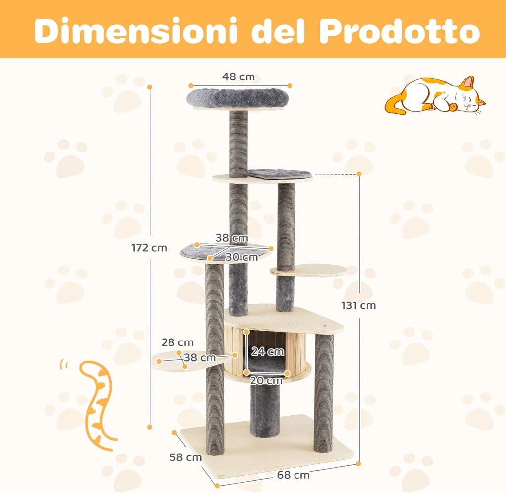 Albero per Gatti Alto 172 cm, Tiragraffi per Gatti con Posatoio Imbottito Superiore, Rifugio Privato per Gatti, Tappetini Staccabili, Pali per Graffi e Base Stabile