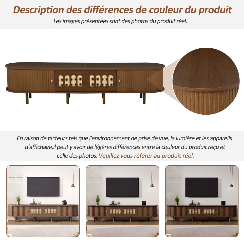 Mobile porta TV con 2 cassetti e 2 ante avvolgibili, fronti in rattan, per soggiorno, in MDF, noce, 180 × 40 × 40 cm