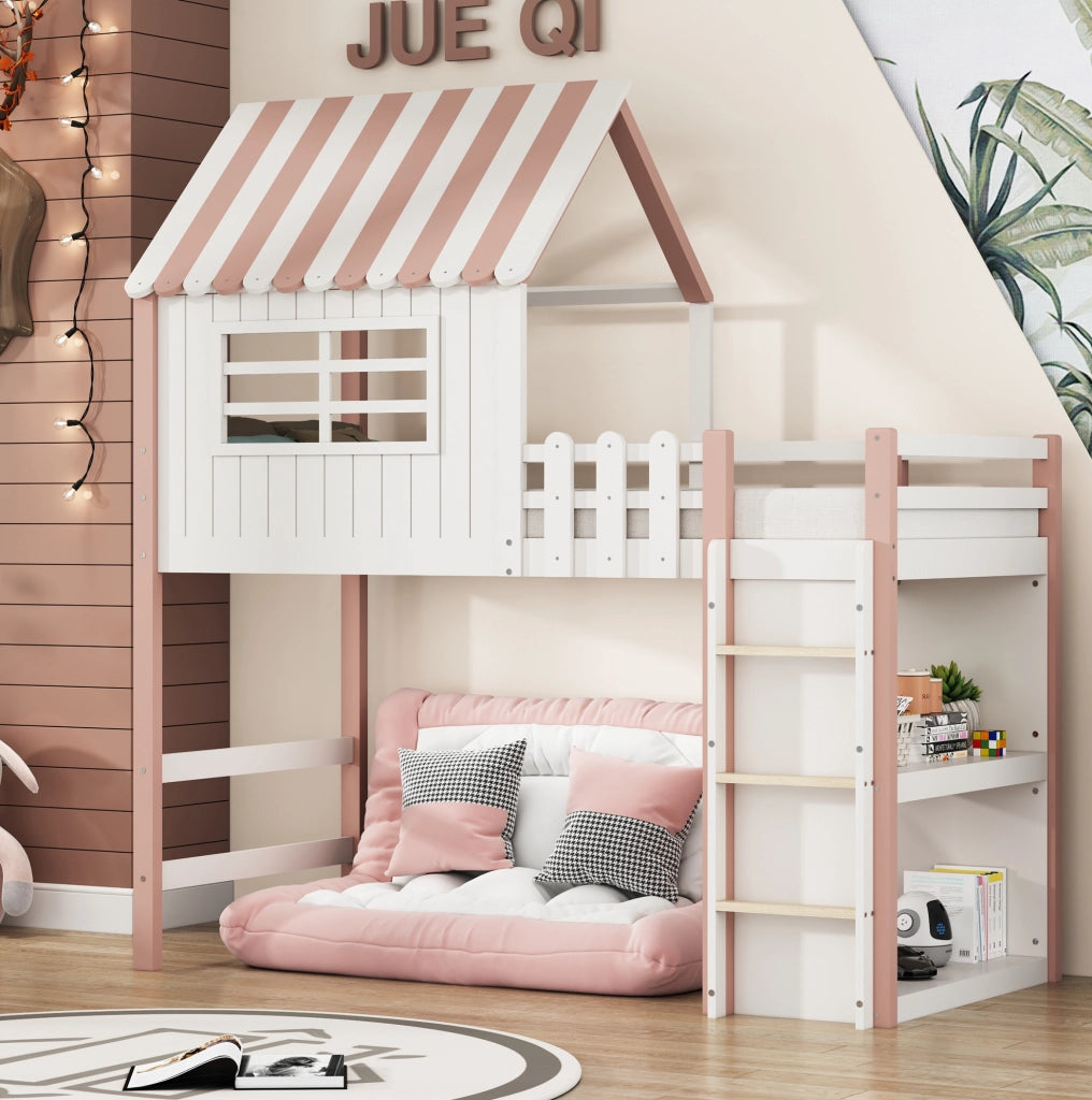 Letto a castello per bambini 90x200 cm con tetto rosa