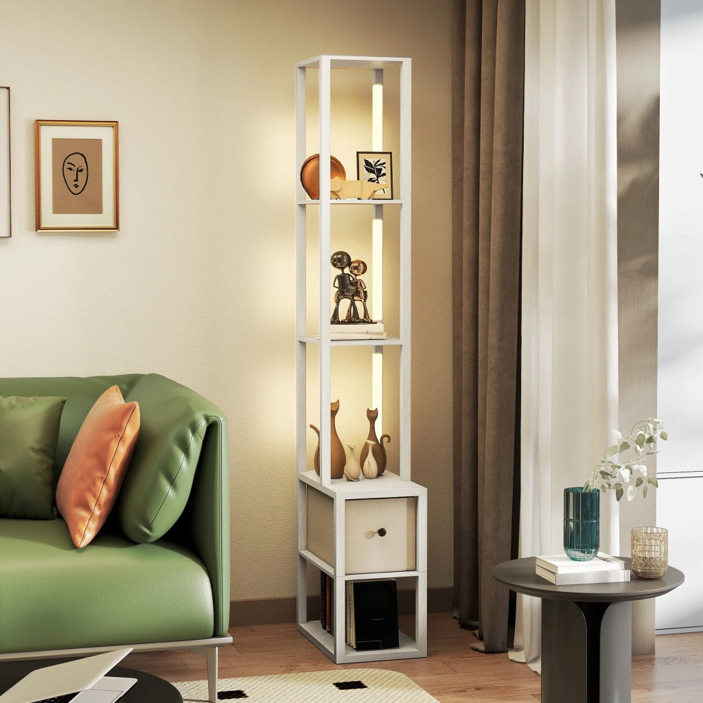 Lampada da terra con scaffali aperti e cassetto in tessuto ¨C Zephmum ¨C Bianco