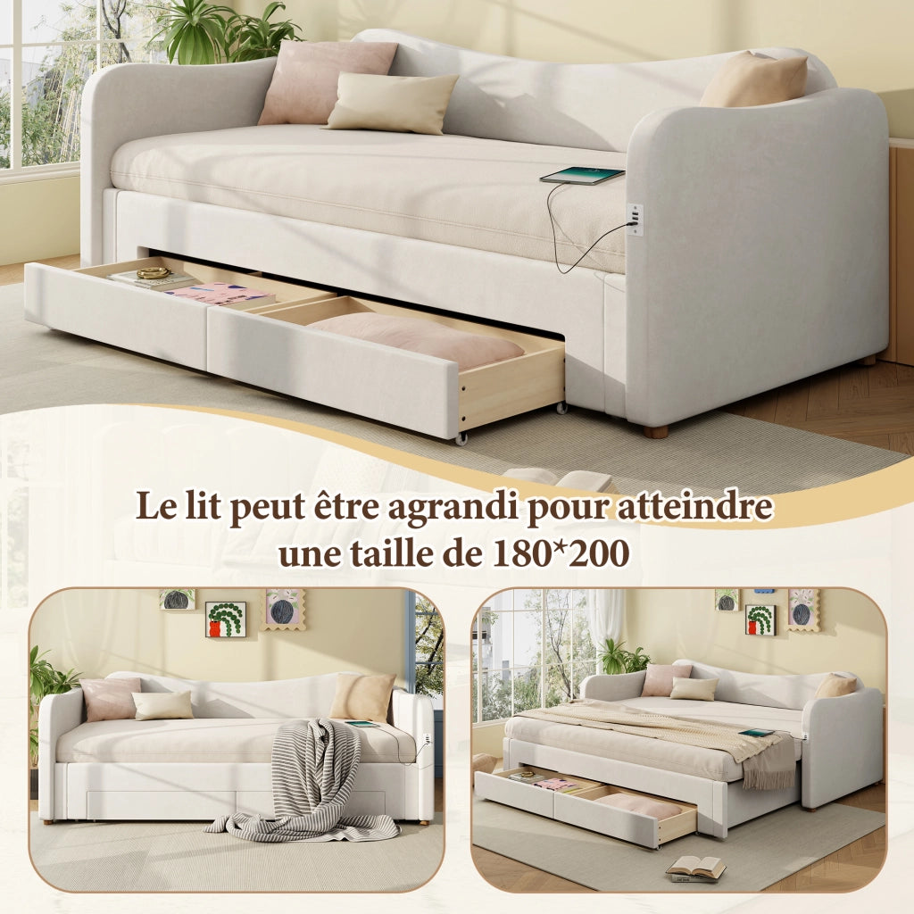 Letto Estraibile 90x200 cm e 180x200 cm; con Cassetti; USB e Type-C in Velluto Beige