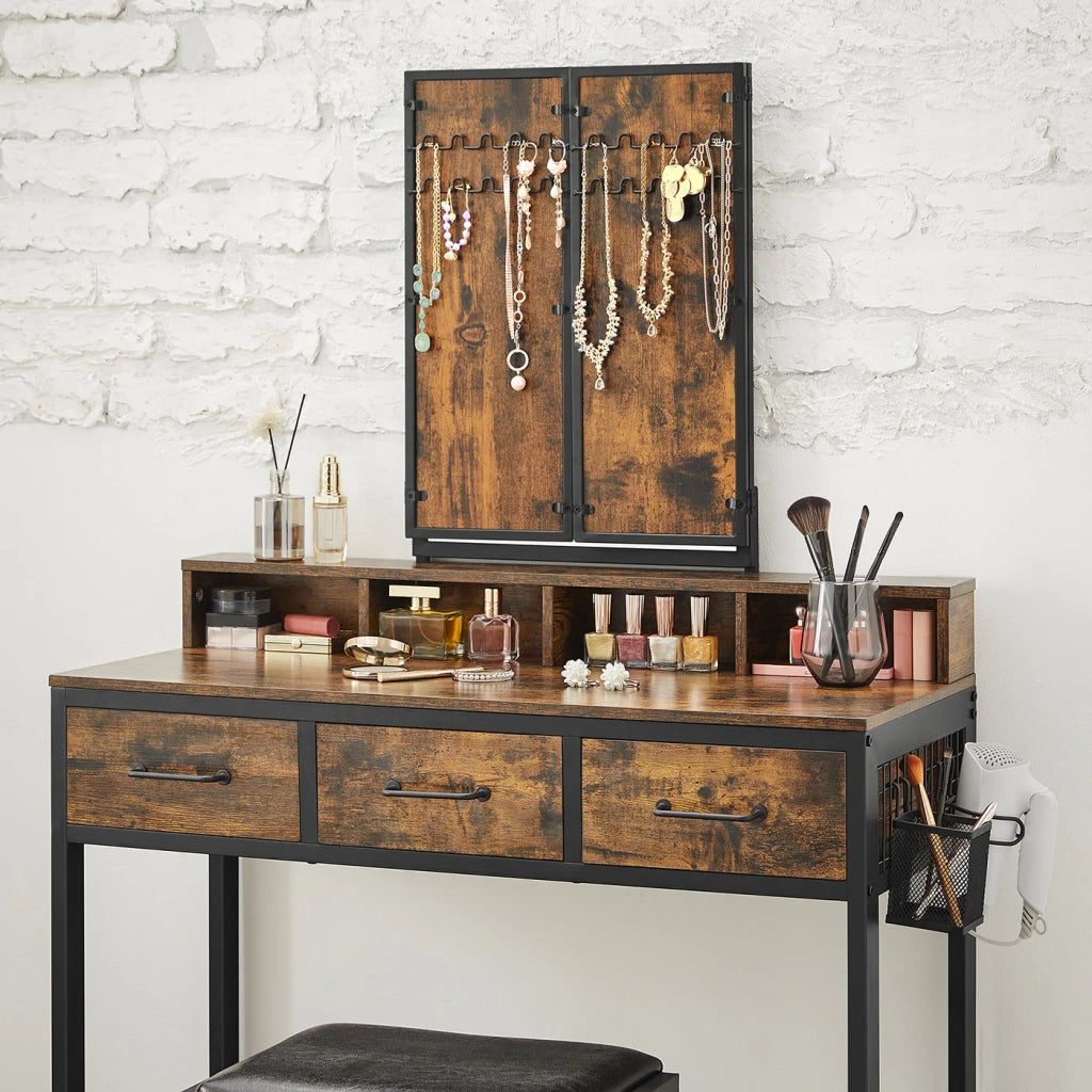 Set da toeletta 90 x 40 x 141 cm con sgabello imbottito specchio triplo 3 cassetti portaphon e contenitore portaoggetti stile industriale marrone 12_0005417