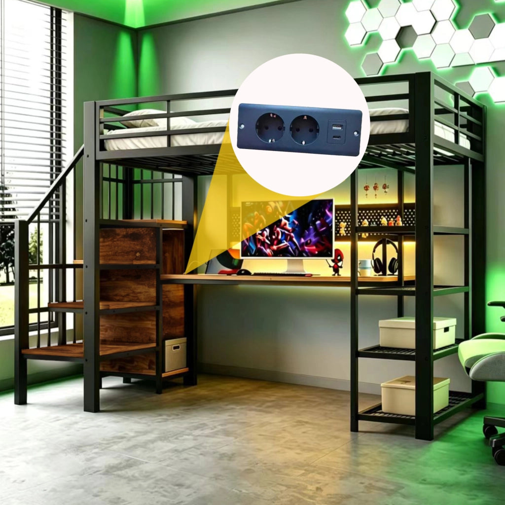 Letto a soppalco singolo 90×200 cm con LED; prese; scala contenitore e ripiani; senza materasso; metallo; nero