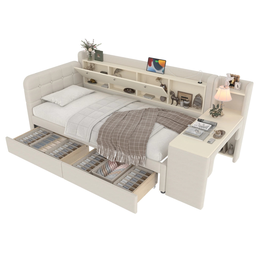 Letto 90x200 cm beige – con scrivania e contenitori, senza materasso