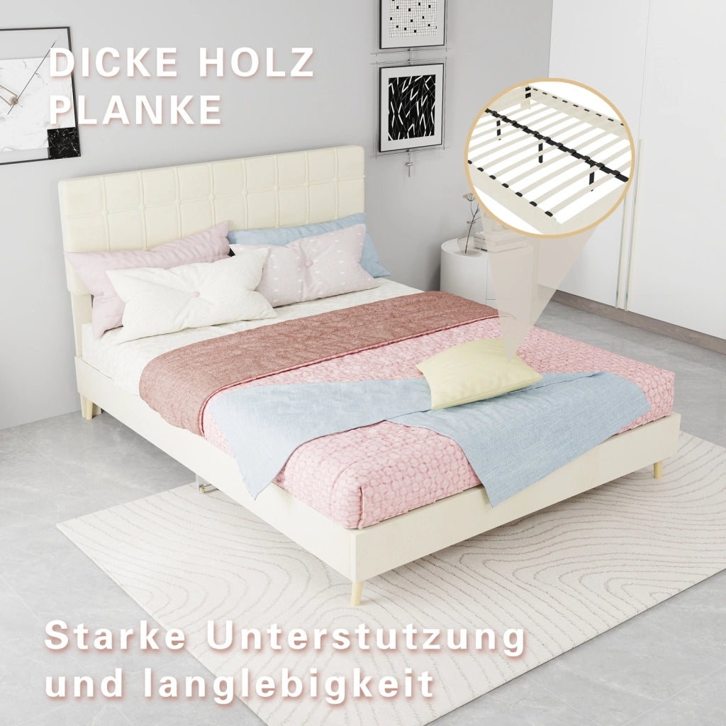 Letto matrimoniale imbottito in velluto beige dimensioni 140x200 cm
