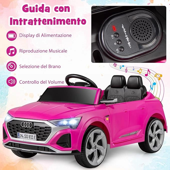 12V Audi Auto Elettrica per Bambini, Veicolo Elettrico con Telecomando Clacson Luci LED Musica, 3 Velocità 3-5 Km/h, Avvio Morbido, Auto per Bambini 3 Anni+ (Rosa)