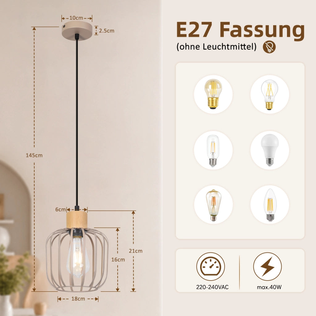 ZMH Lampada a Sospensione 1 Luce Legno Grigio E27 Moderna per Soggiorno Cucina Isola Corridoio Senza Lampadina