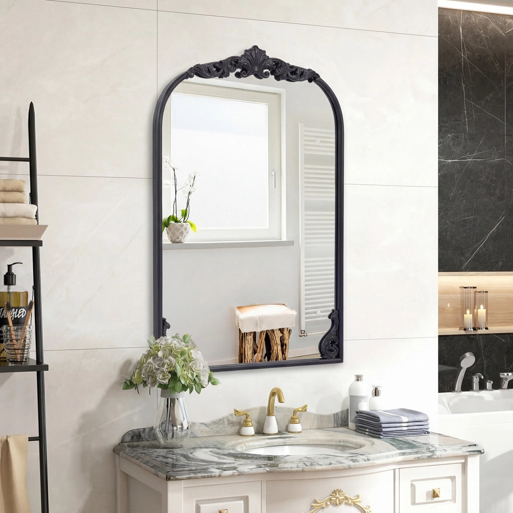 Specchio da parete ad arco barocco ornato con cornice in metallo, Specchio da parete 76 x 51 cm Nero