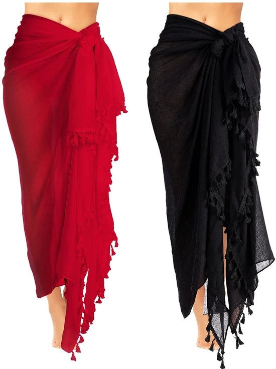 Sarong XL - Copertura per il Mare - Zaino per il Mare con Pizzo - Nero-Rosso - Ideale per Donne e Ragazze - Perfetto per Giornate al Mare