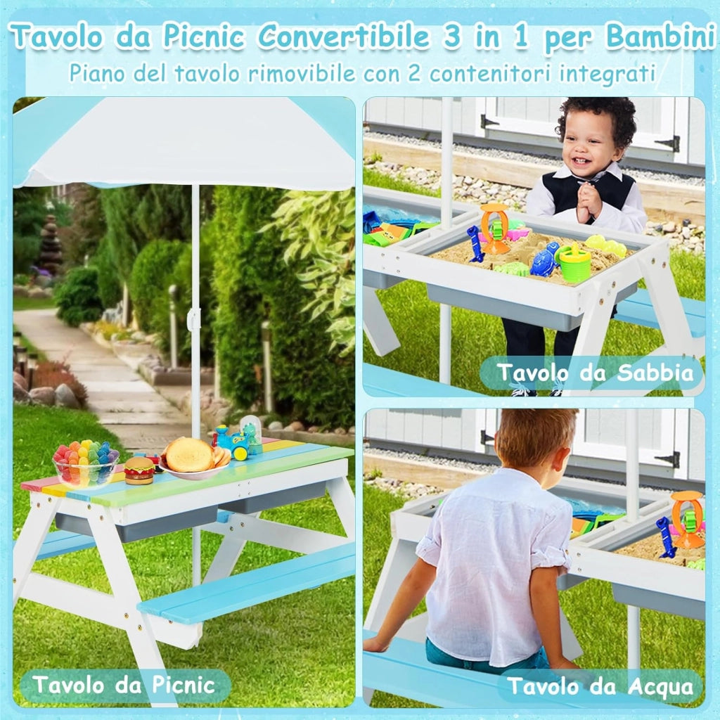 Set Tavolo e Sedie per Bambini da Giardino 3 in 1, con Ombrellone Rimovibile e Regolabile, Piano Rimovibile, Tavolo con Panche in Legno per Bambini da Interno Esterno (Blu e Bianco)