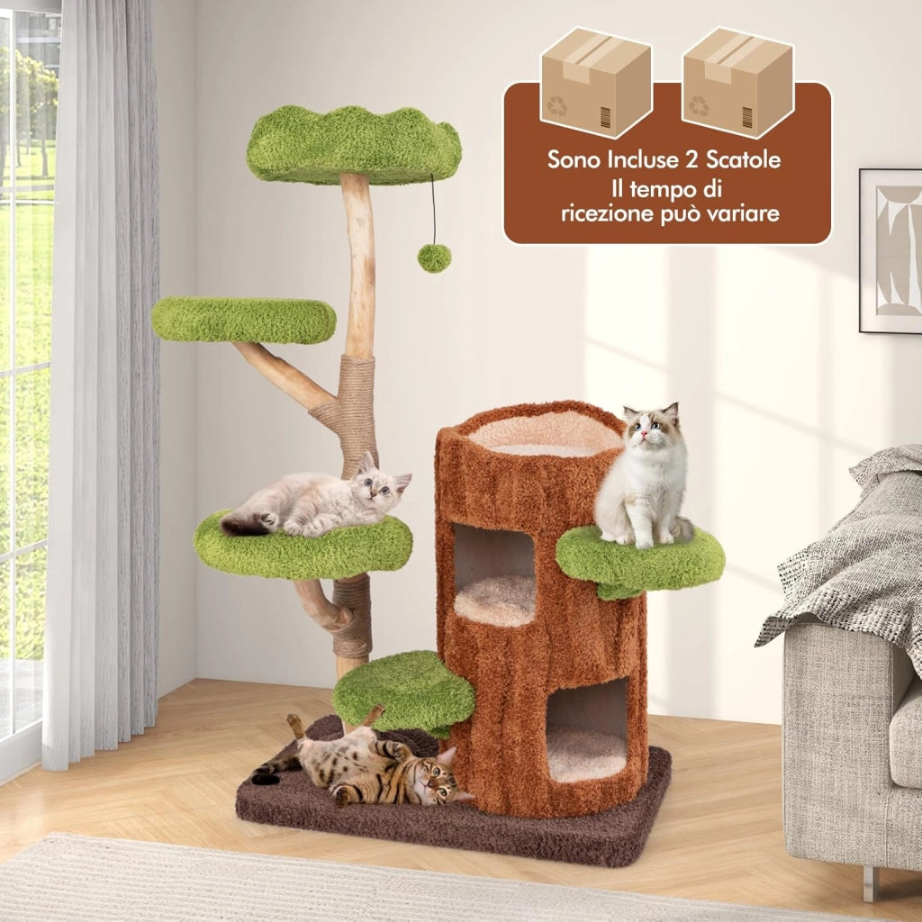 Tiragraffi a Forma di Albero per Gatti 141cm, Albero per Animali Domestici con 2 Piani, Pali per Graffiare, Pannello in Sisal, Trespolo Superiore e Piattaforma Rotonda, Torre Moderno Interno