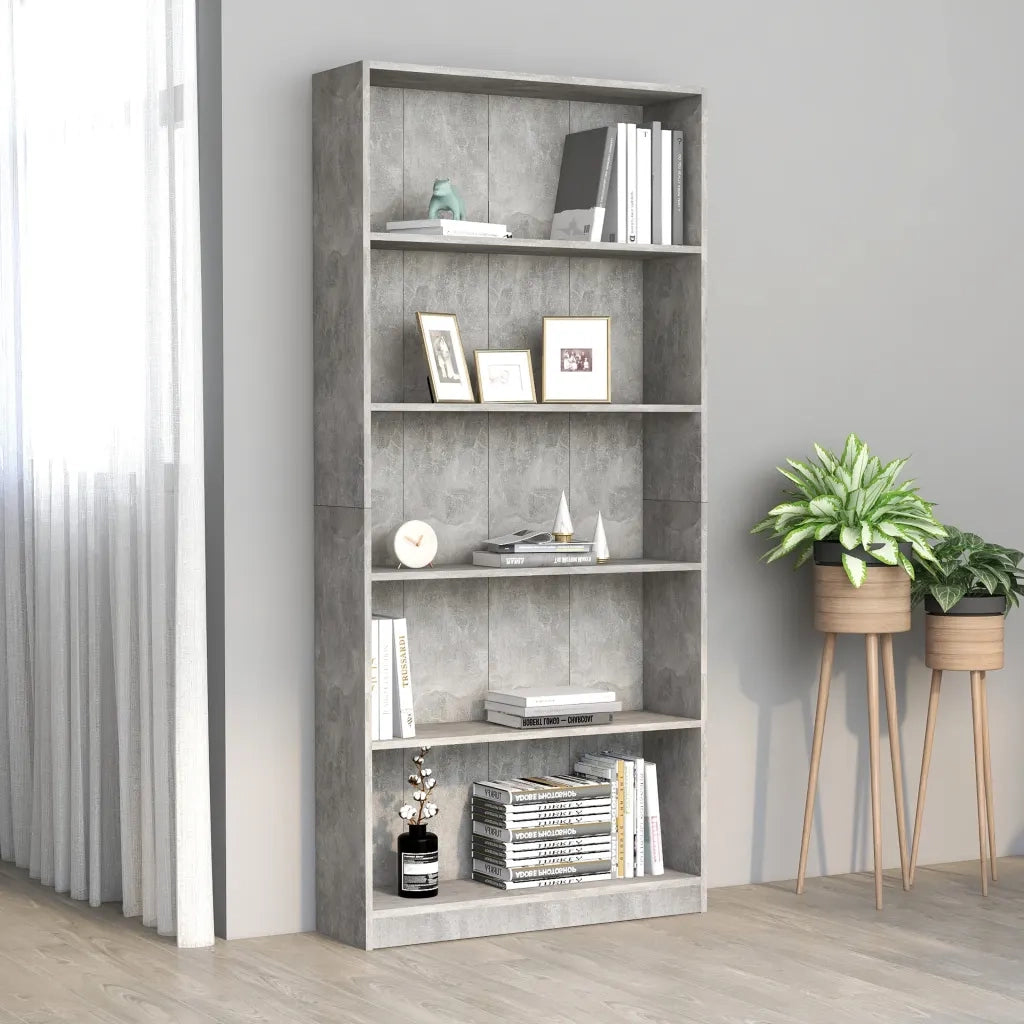 Libreria 5 Ripiani Grigio Cemento 80x24x175cm Legno Multistrato 800922