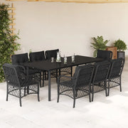 Set da Pranzo da Giardino 9 pz con Cuscini Nero in Polyrattan