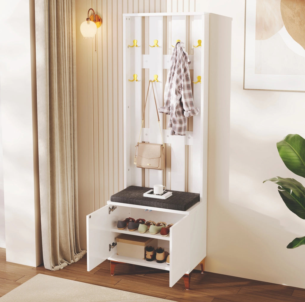 Appendiabiti con panca porta scarpe e cuscino, struttura in truciolare bianco con ganci e piedi dorati, 60,5x180,5x35,2 cm
