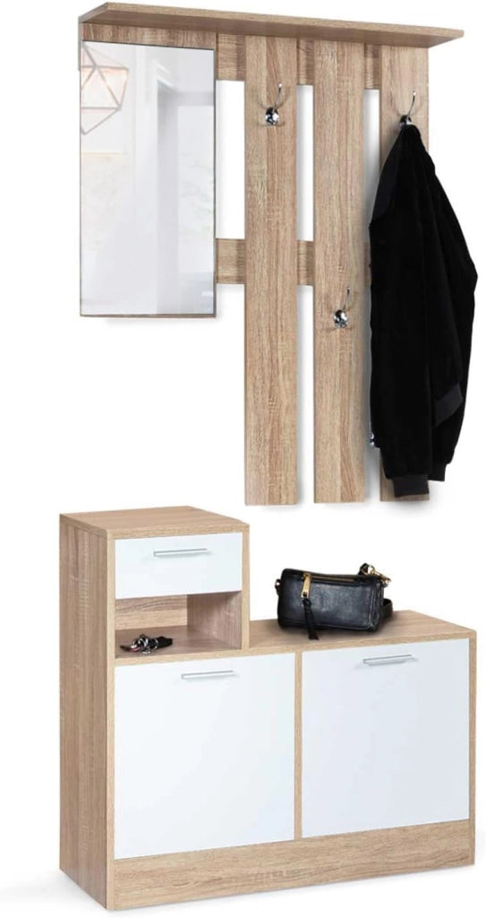 Mobile da ingresso, appendiabiti con specchio, design in legno faggio e ante bianco PAULIN