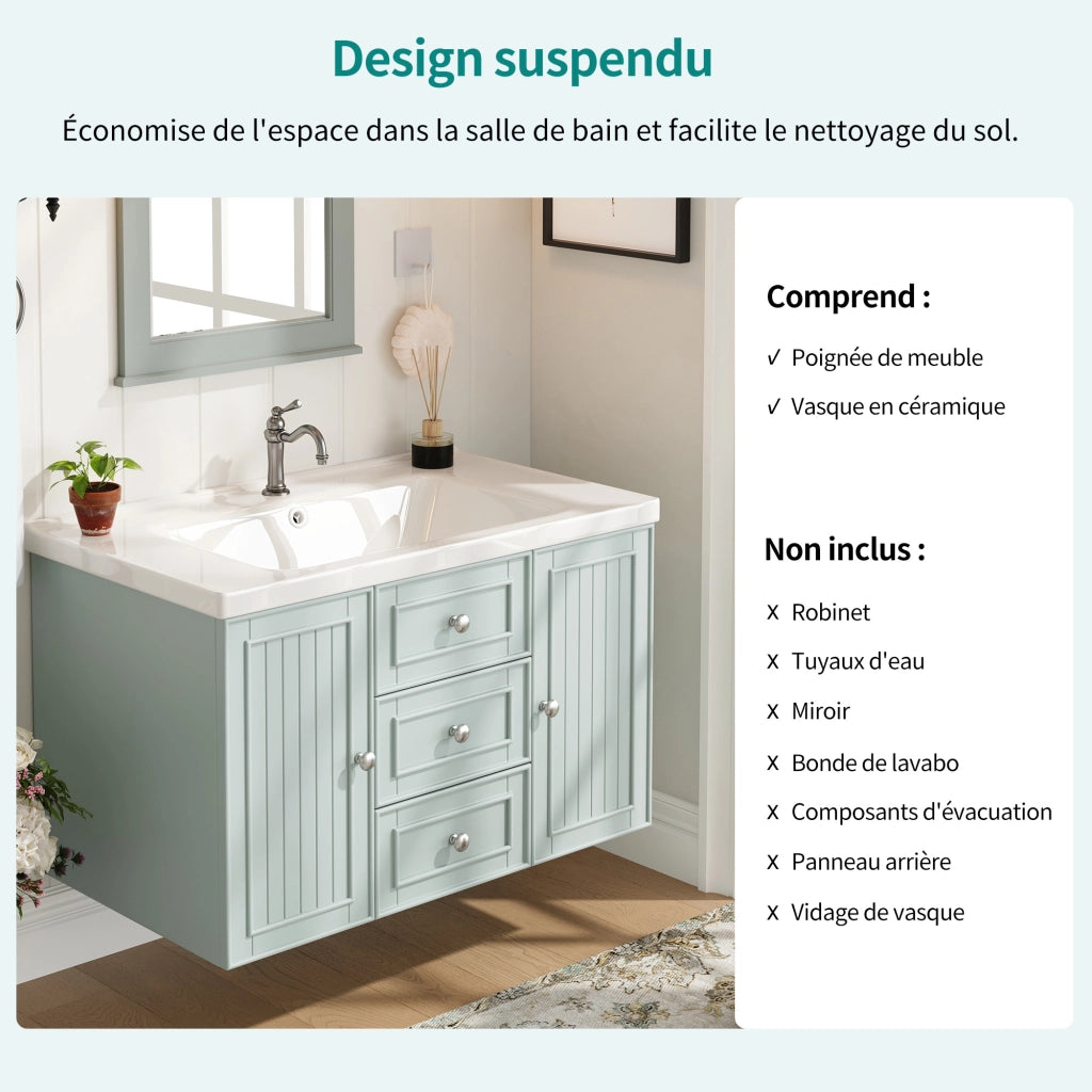 Mobile sottolavabo sospeso con lavabo in ceramica, 3 cassetti e vano laterale, per bagno, verde, 78,5 × 46 × 46,8 cm