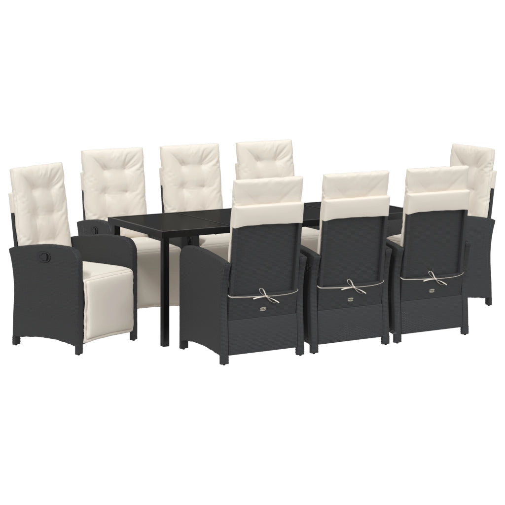 Set da pranzo da giardino da 9 pezzi con cuscini in rattan poliestere nero