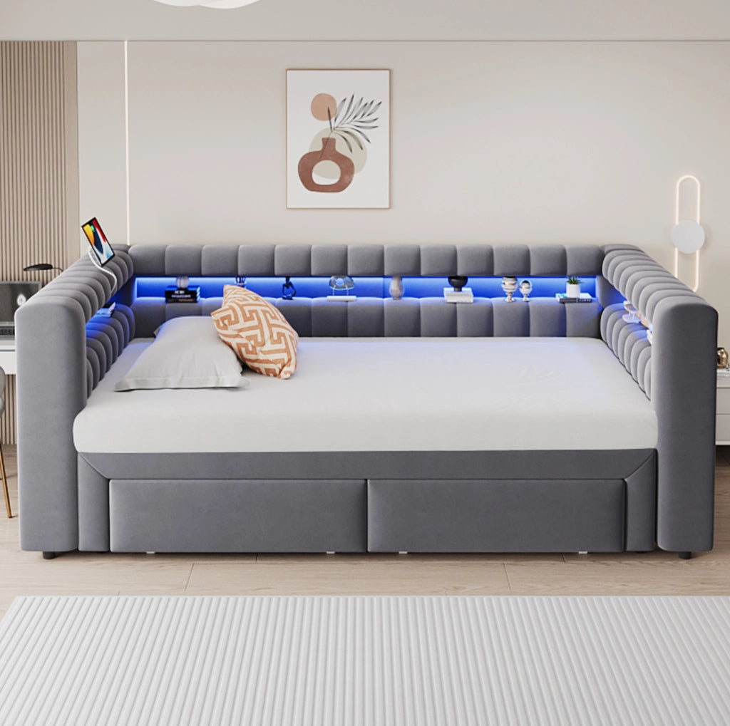 Divano letto ULEVR 90x190 cm estraibile in 180x190 cm con 2 cassetti, LED, USB e Type-C, velluto grigio