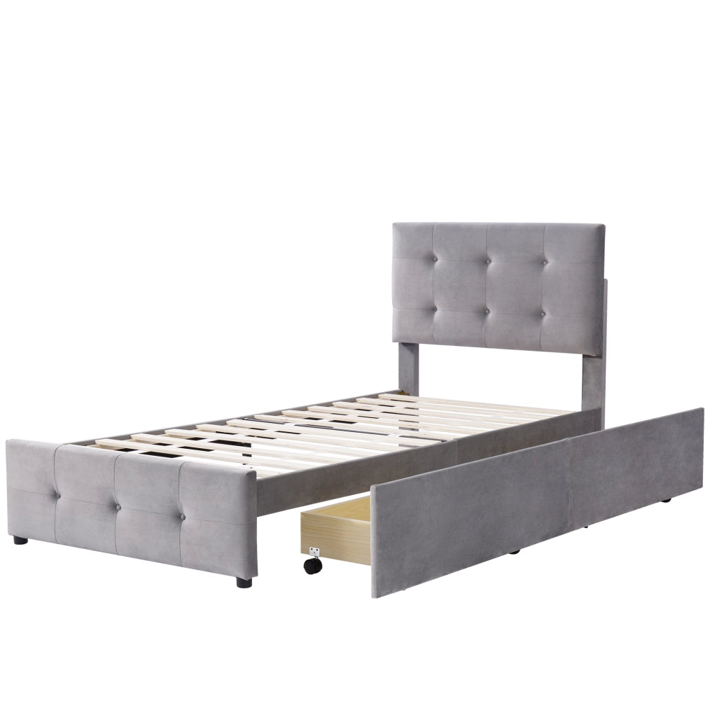 OKWISH Letto con Cassetto 90×200 cm, Letto Singolo con Cassetto, Testiera Regolabile e Rivestimento in Velluto, senza Materasso, Grigio