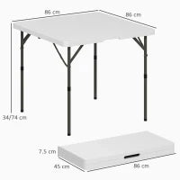 Tavolo da Campeggio Pieghevole con 2 Altezze Regolabili in HDPE e Metallo, 86x86x74 cm, Bianco