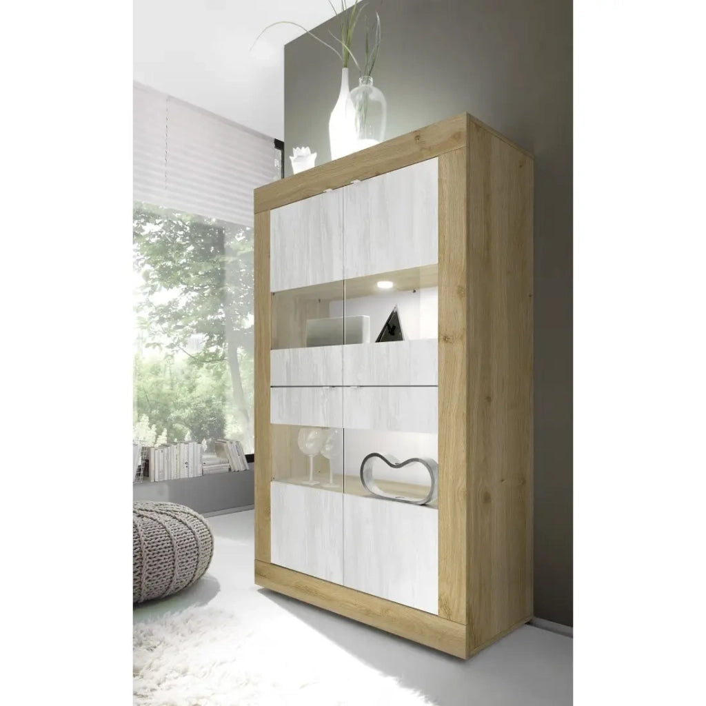 Vetrina design 4 porte collezione ACCESS. Colori bianco e rovere chiaro.
