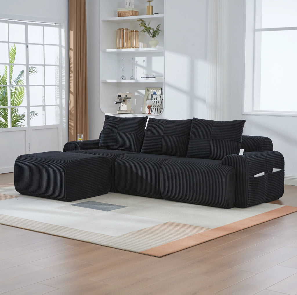 Divano modulare 3 posti in corduroy con portabicchieri e tasca laterale; nero 268x174x80 cm