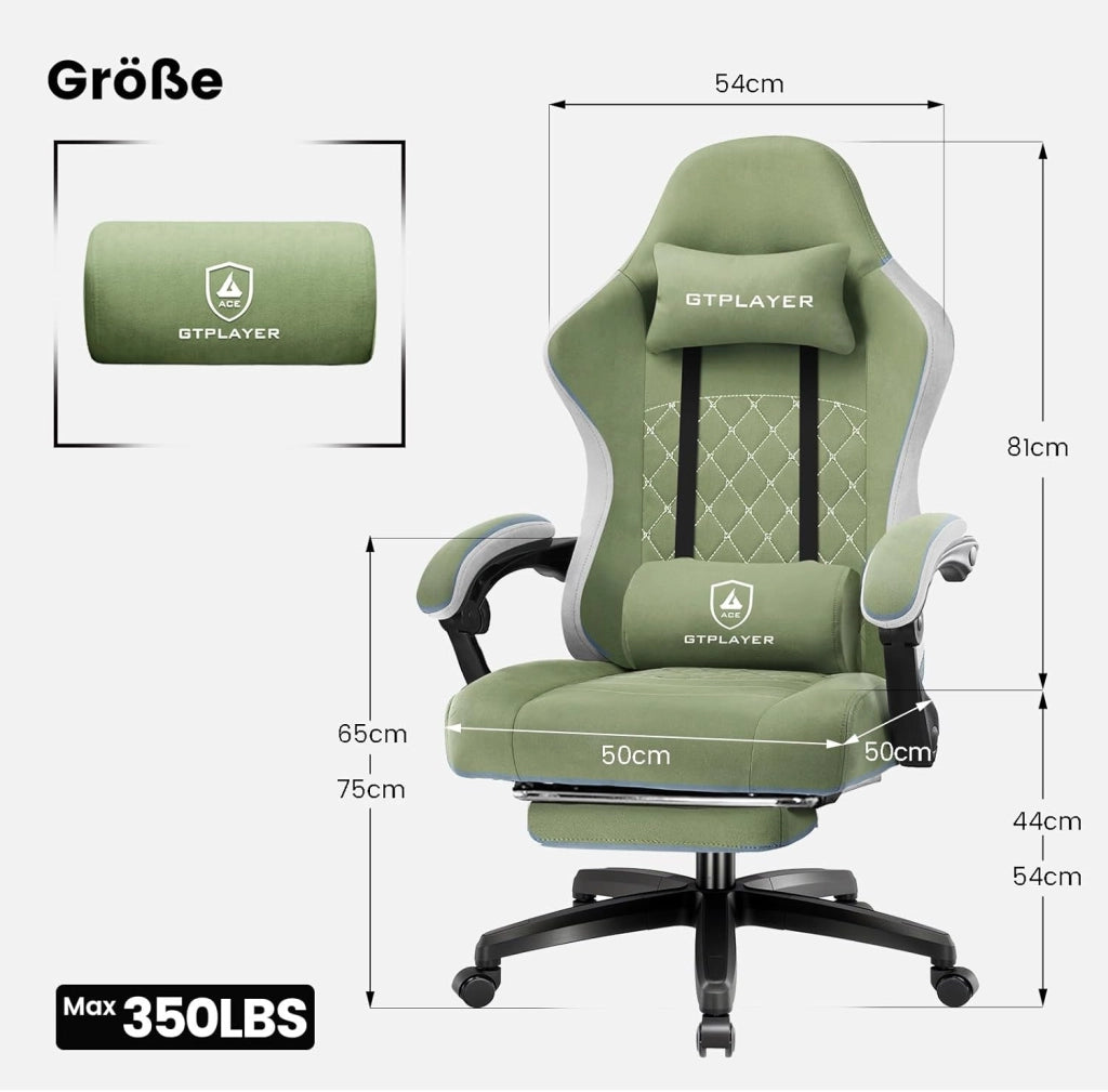 Sedia da gaming, in tessuto, con cuscino a molla, ergonomica, girevole, con poggiapiedi, portata 150 kg, colore: verde