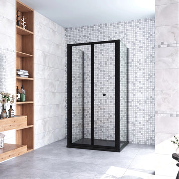 185cm Box Doccia a Tre Lati Porta a Soffietto 90cm con Doppia Parete Fissa 80x80cm in Vetro Temperato Trasparente 5 mm Profilo Nero Opaco