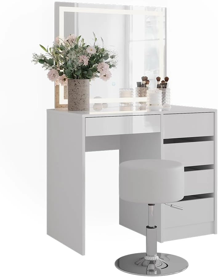 Tavolo da toeletta Sherry, Bianco/bianco lucido, 89.8 cm con specchio LED e sgabello