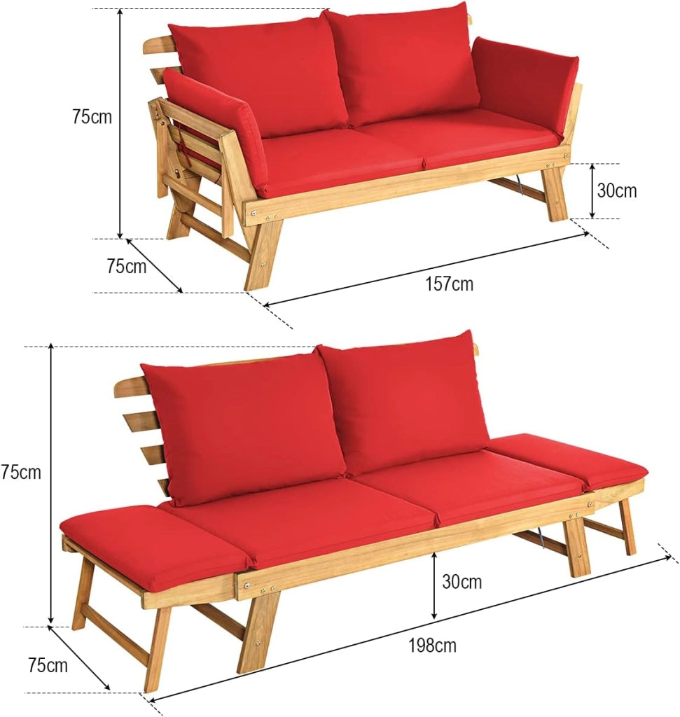 Divano Letto 2 Posti da Esterno in Legno di Acacia con Braccioli Regolabili, Sdraio da Giardino con Cuscini, Chaise longue Pieghevole per Giardino, Piscina, Cortile (Rosso)
