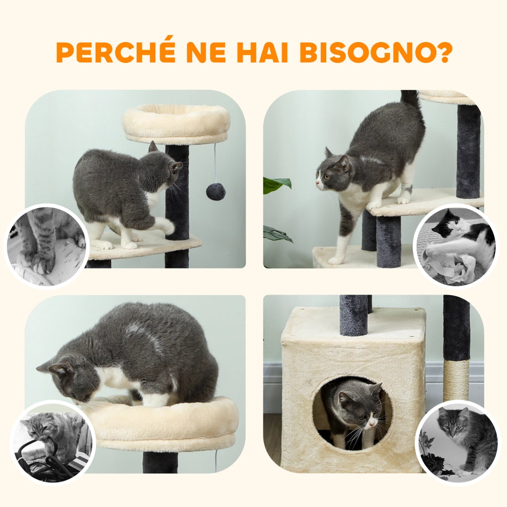 Albero Tiragraffi per Gatti Alto 92 cm con Casetta, Lettino, Pali in Sisal e Pallina, Bianco Crema