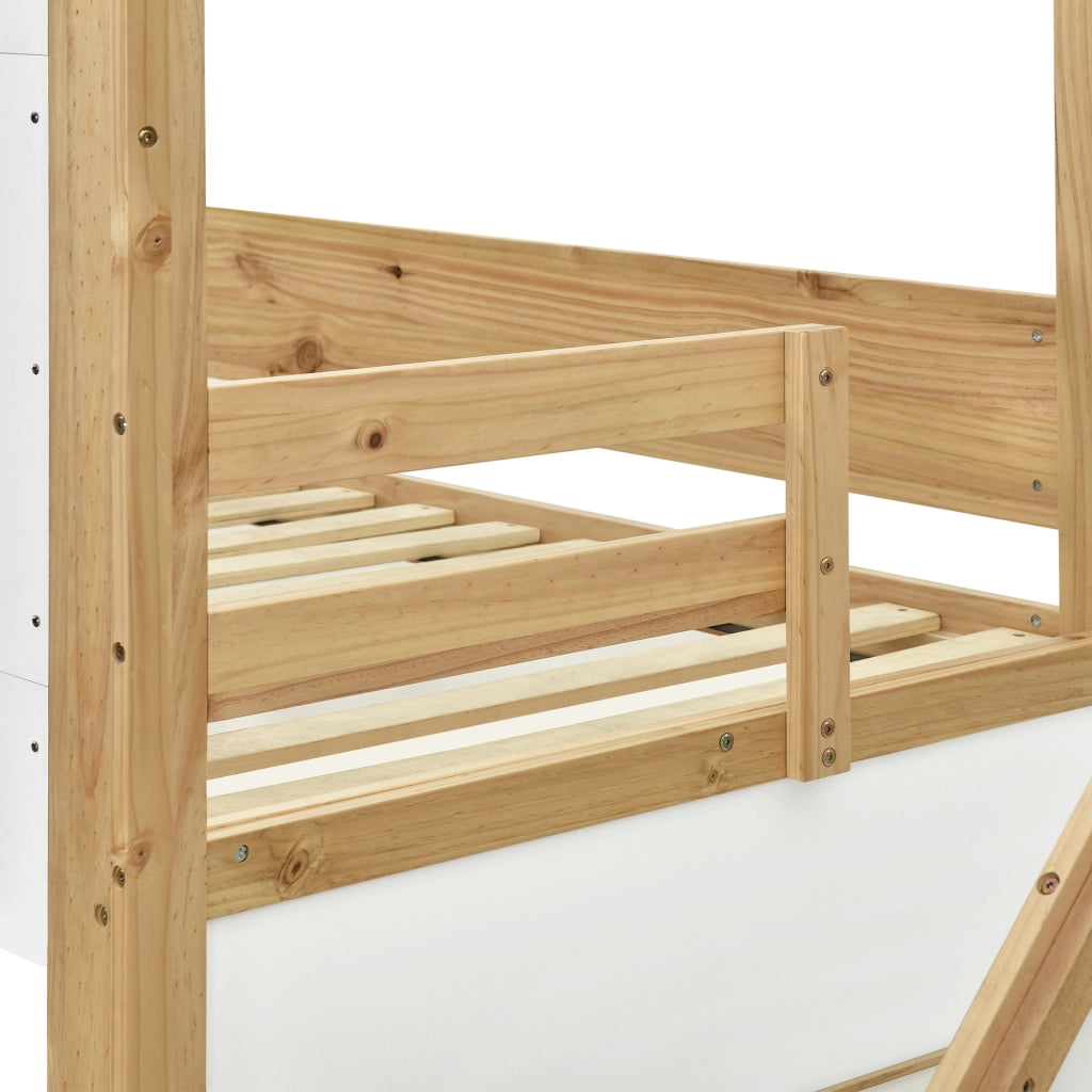 Letto a soppalco 90x200 cm, letto per bambini, con contenitore, design a finestra, pino + MDF, bianco + color legno naturale