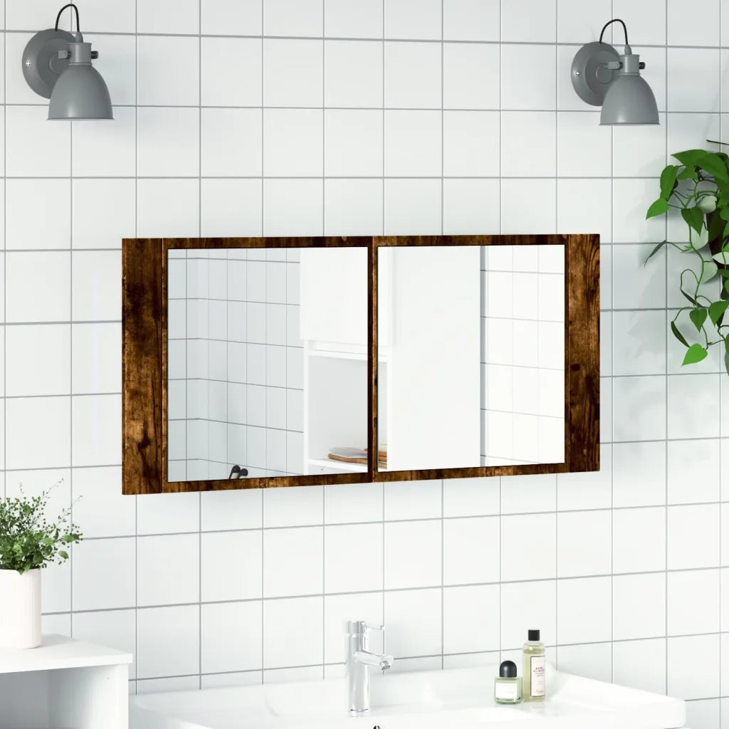 Armadietto a Specchio | Armadio da bagno con LED Rovere Fumo 100x12x45 cm