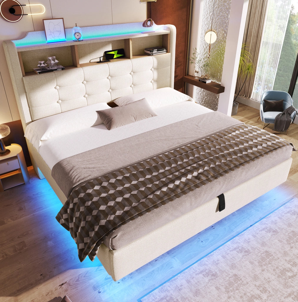 Letto imbottito beige 140×200 cm con LED, ricarica USB/Type-C e vano idraulico