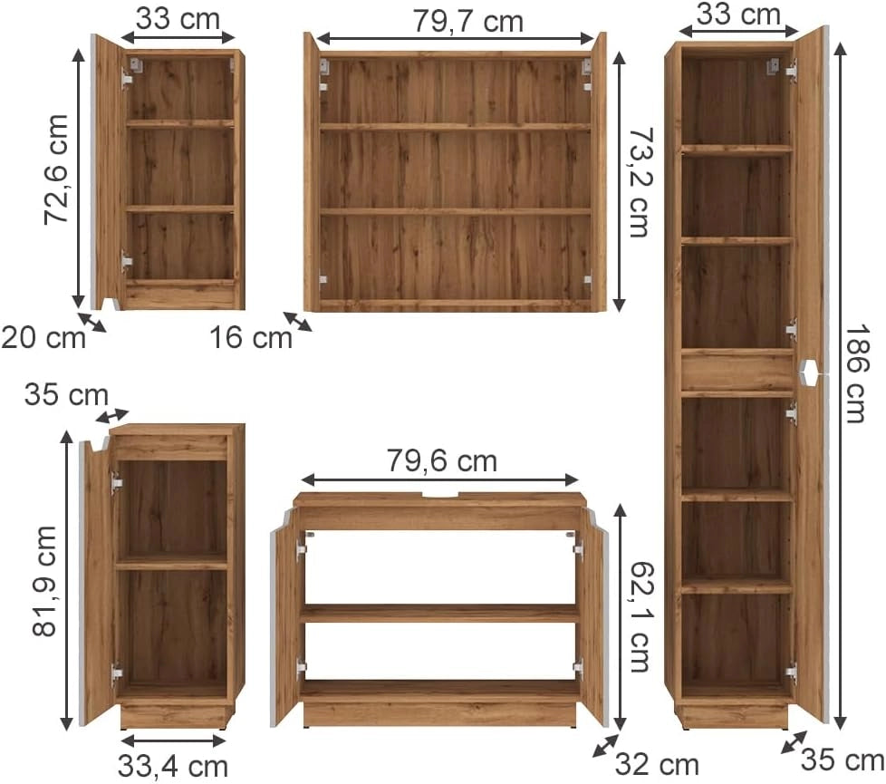 Set di mobili da bagno Lotta, Grigio, 79.6 cm, composto da mobile sottolavabo, specchiera, colonna, base media e pensile