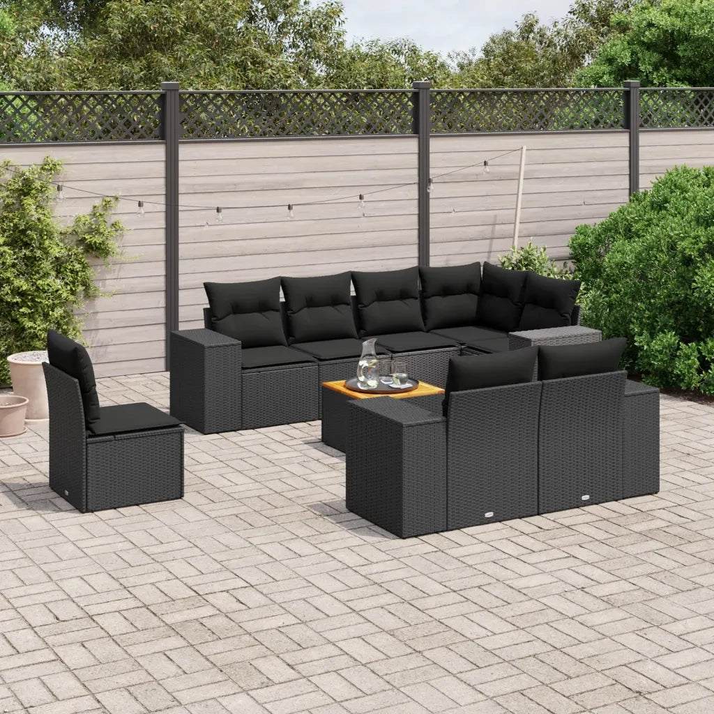 Set Divani da Giardino 9 pz con Cuscini Nero in Polyrattan 3257868
