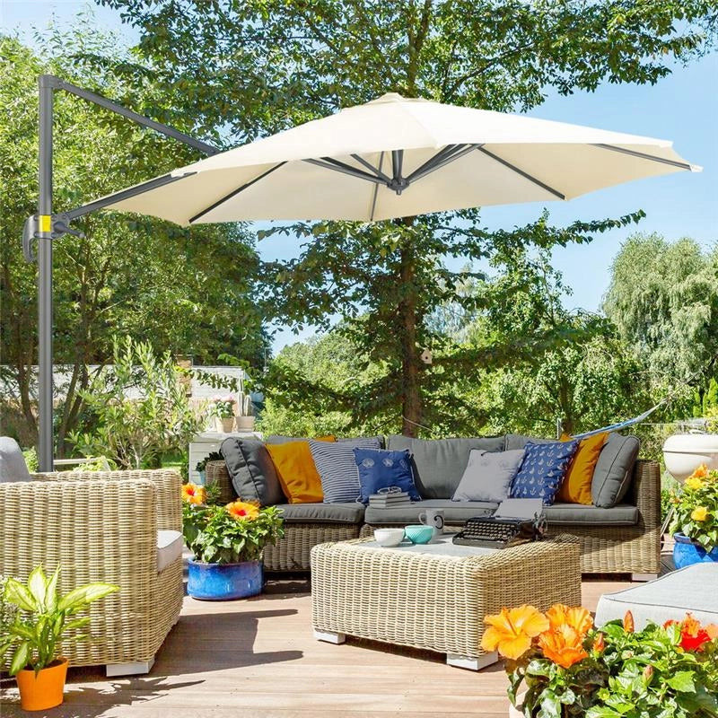 OMBRELLONE DA GIARDINO REGOLABILE E GIREVOLE A 360° 294 X 248 CM BIANCO CREMA