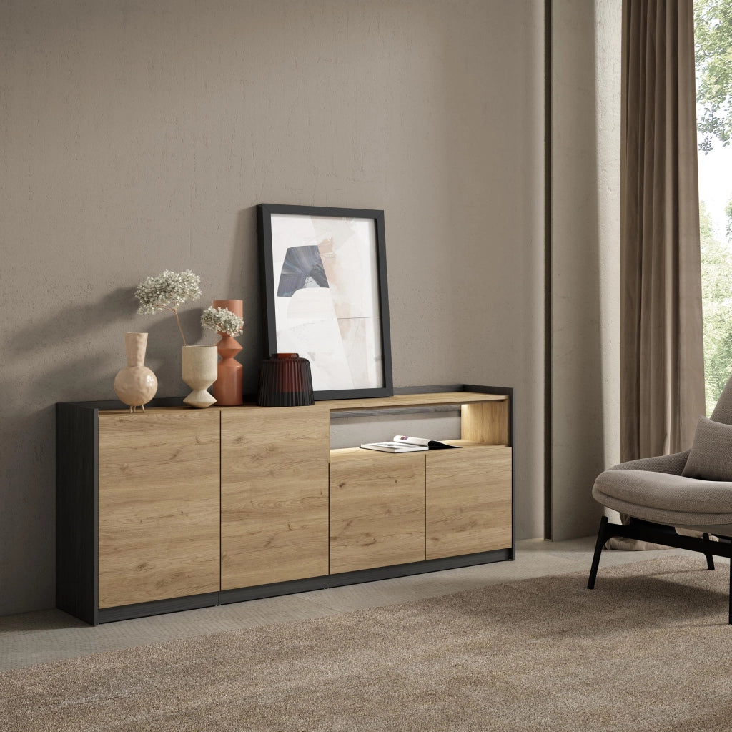 Credenza, Mobile, Cucina, 207x80x37 cm, 4 Porte, LED, Rovere e nero