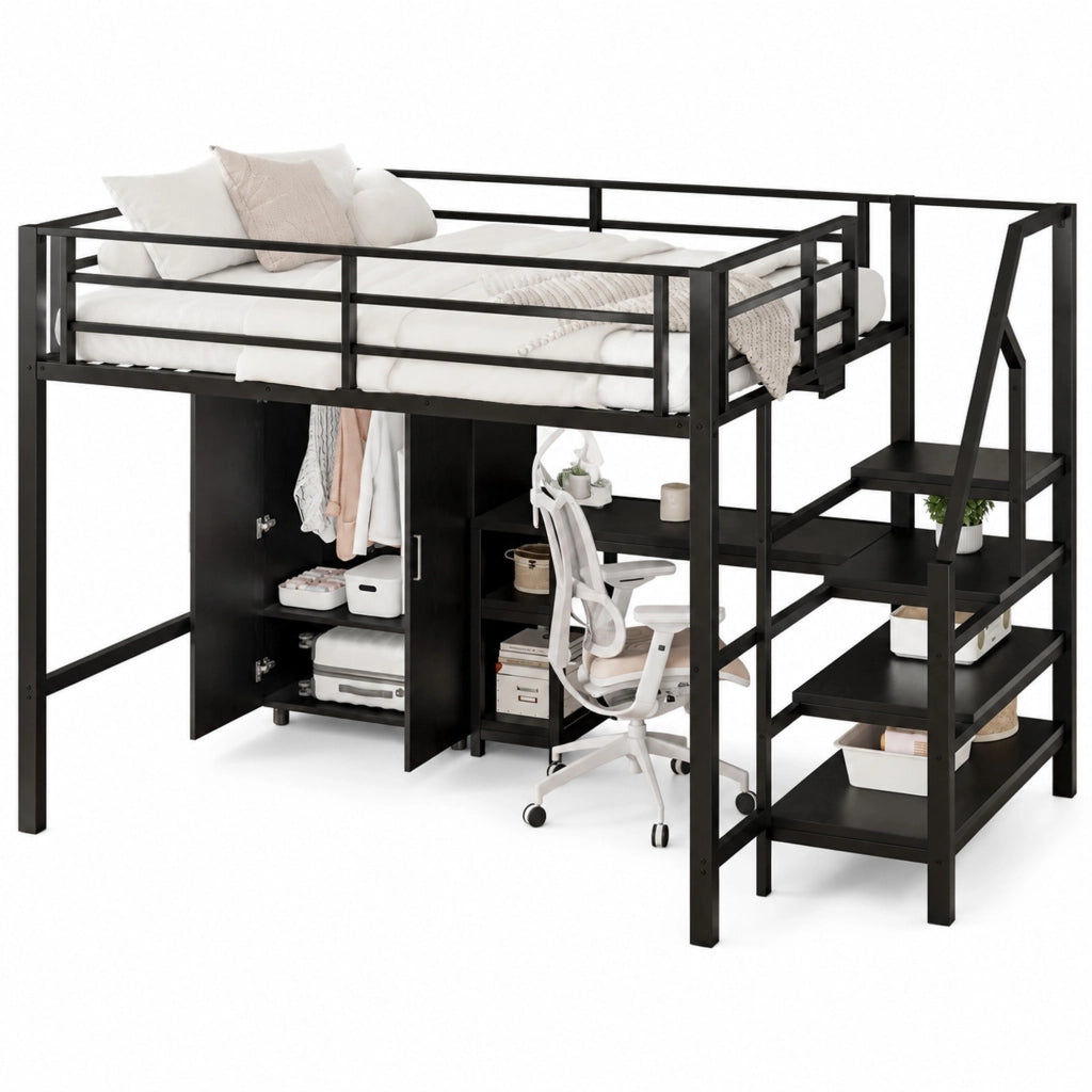 Letto a soppalco 140x200 cm nero con scrivania, armadio, mensole e scala contenitore
