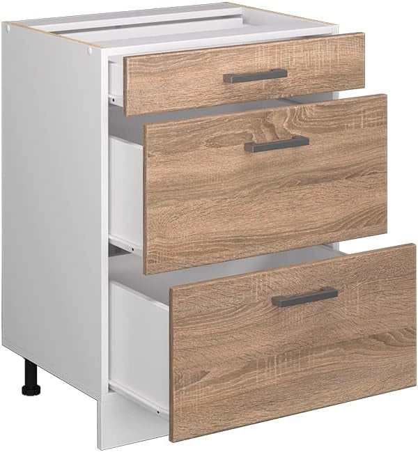 Base universale R-Line, Sonoma, 60 cm con cassetti, senza piano di lavoro, adatto per la conservazione di accessori per la pulizia e per la casa