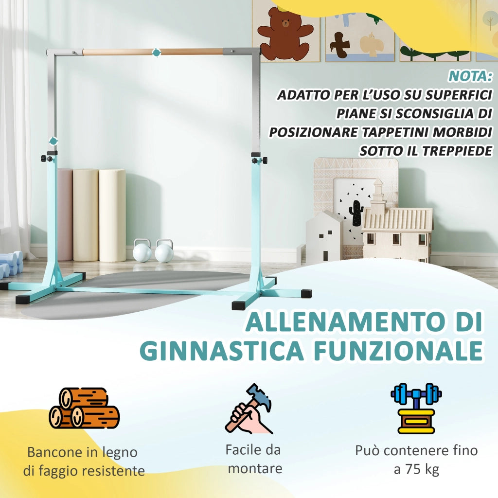 Barra da Ginnastica per Bambini 3+ Anni 194x121x92-150 cm in Acciaio e Legno Massello di Faggio Celeste
