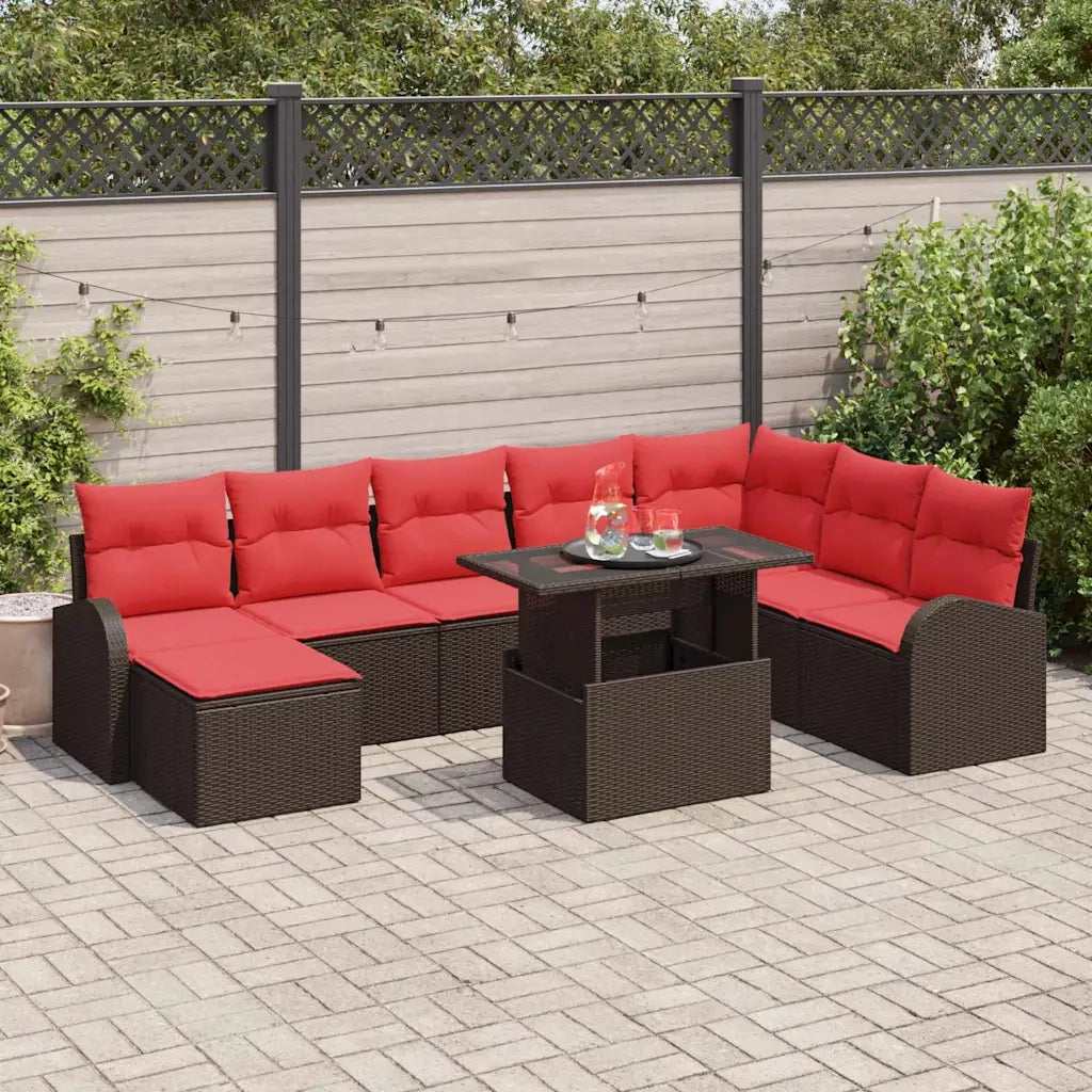 Set Divano da Giardino 9 pcs Marrone Poly Rattan