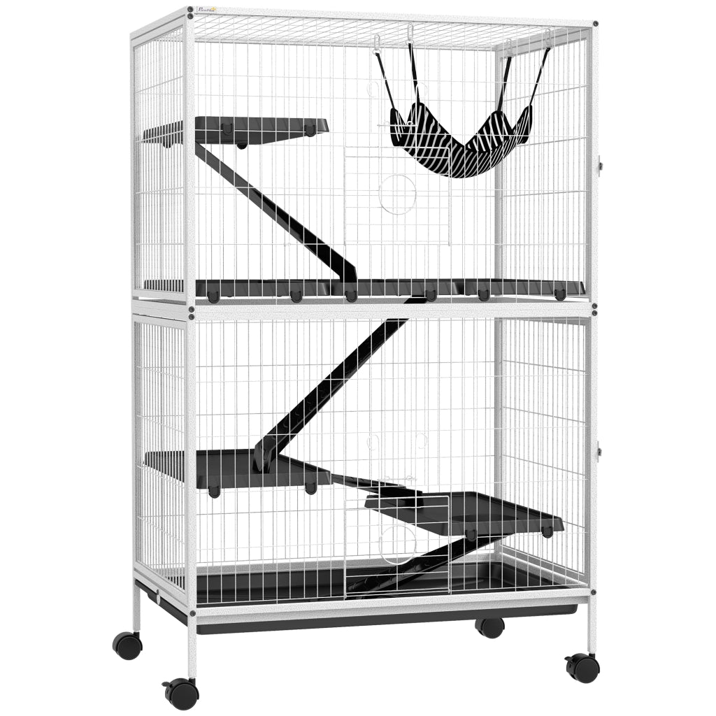 Gabbia per Piccoli Animali con Ruote, Rampa, Amaca e Vassoio Estraibile - Zephmum - Bianco 80x52x128 cm