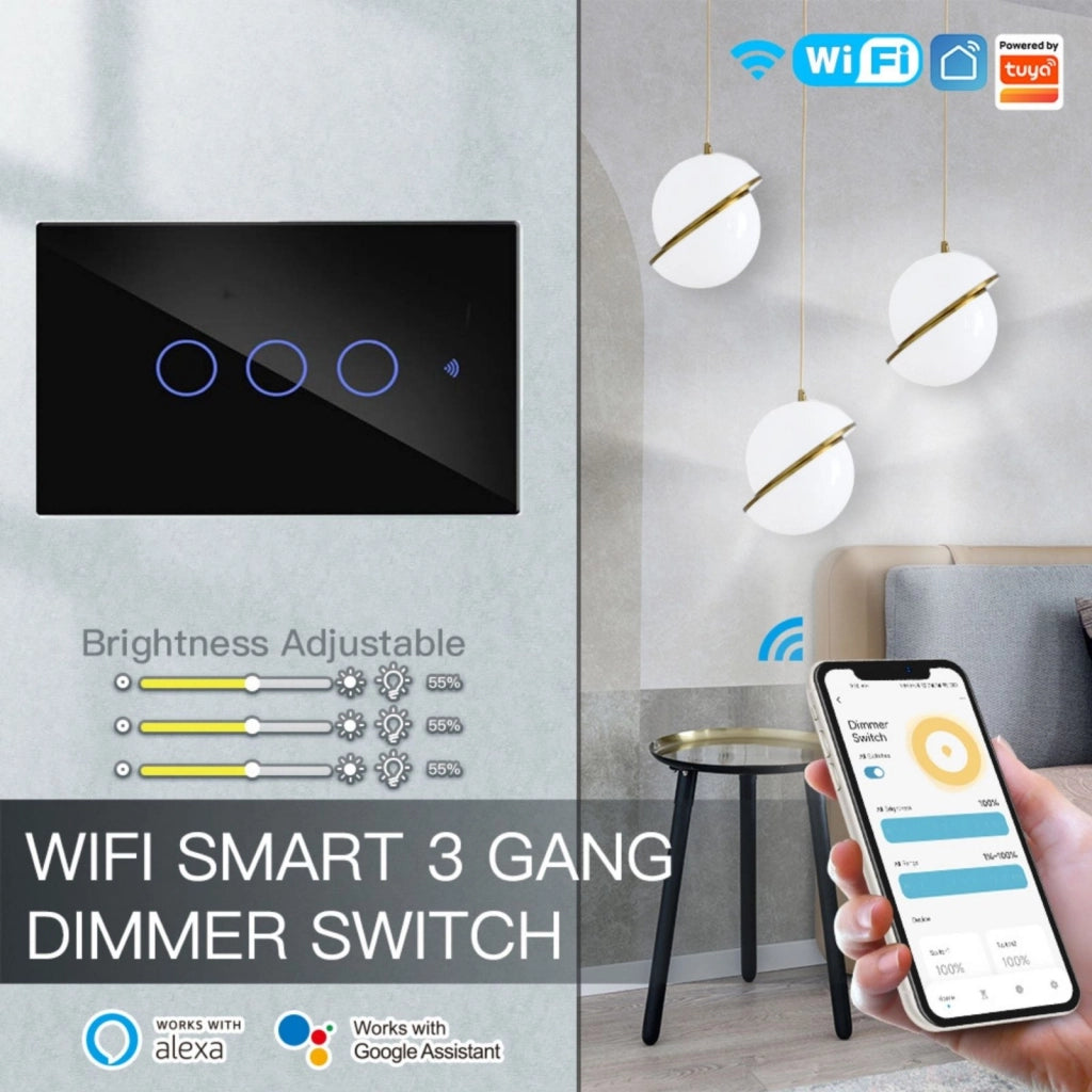 A2ZWORLD Interruttore Da Incasso Scatola 503, Touch Nero, WIFI 2.4G Matter, TUYA, Smart Life,Apple Home, Google Home, Alexa, SmartThings, 10A, AC 90-250V, 50/60HZ, 120X72X38mm, IP20,Disponibili 1,2,3 Tasti (3 Tasti)