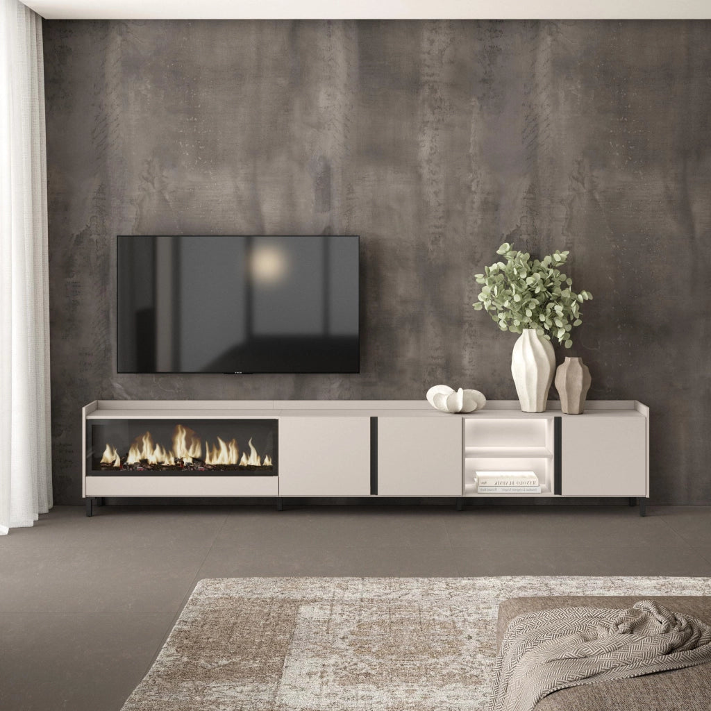 Mobile TV Soggiorno, 315x61x35 cm, Per TV fino a 80", Camino elettrico XXL, Design industriale, LED, Beige