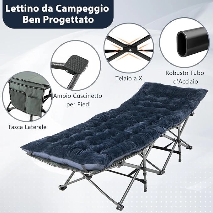Cuscino per Sdraio, Cuscino Spesso da 190 x 70 x 7 cm con 4 Cinghie di Fissaggio, Tasca per Fissare al Letto, per Lettino da Campeggio, Vacanze in Campeggio (blu)